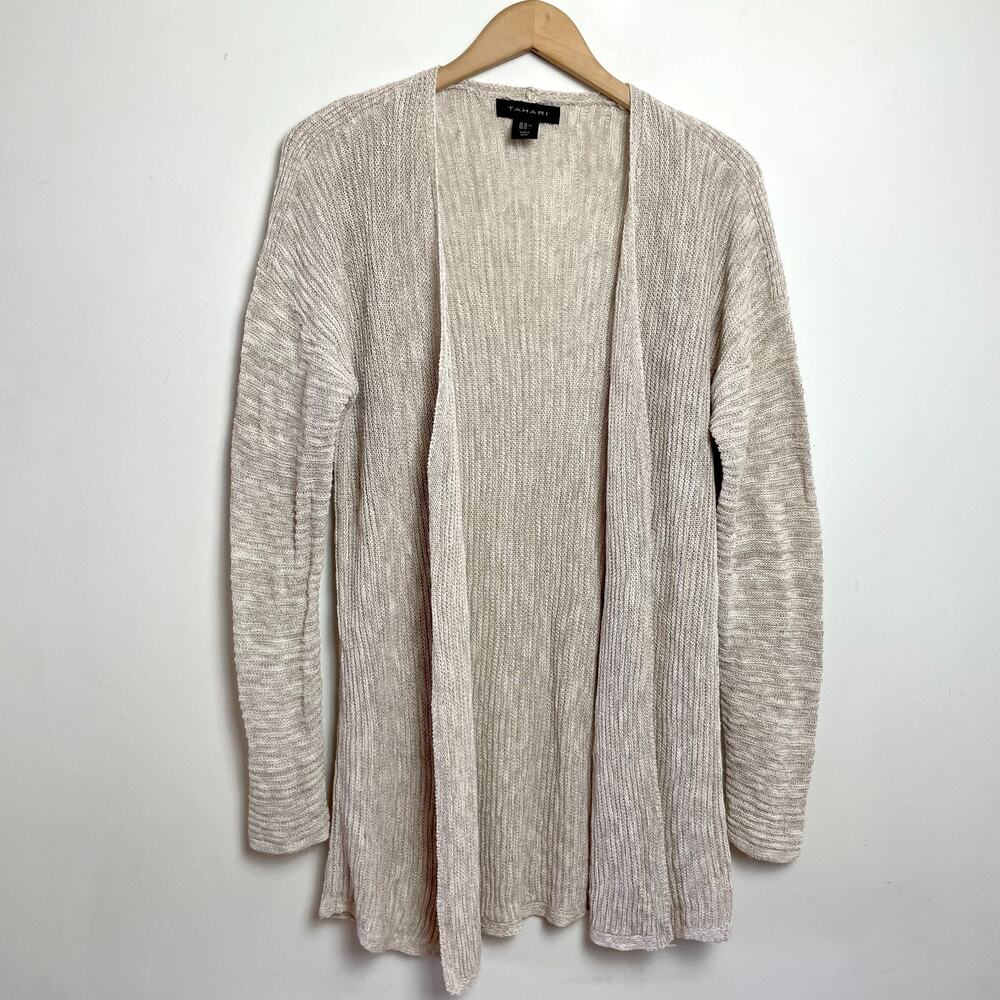 Tahari Open Front Cardigan Sz XL Draped Beige Neutral Linen Cotton‎ Lagenlook
